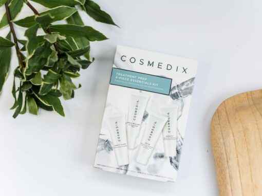 Cosmedix Skincare Treatment Prep 4-piece Essentials Kit with Purity Clean cleanser, Simply Brilliant brightening serum, Define resurfacing cream, and Hydrate+ moisturizer