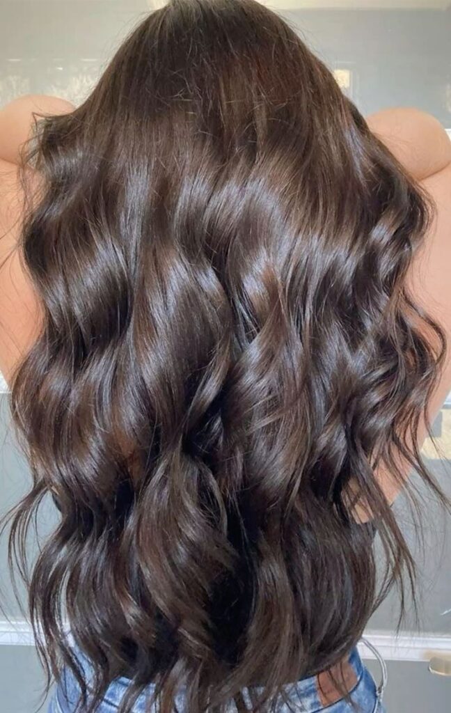 Rich glossy chocolate brown and warm cinnamon auburn fall hair color transformation at Changes Salon in Walnut Creek.