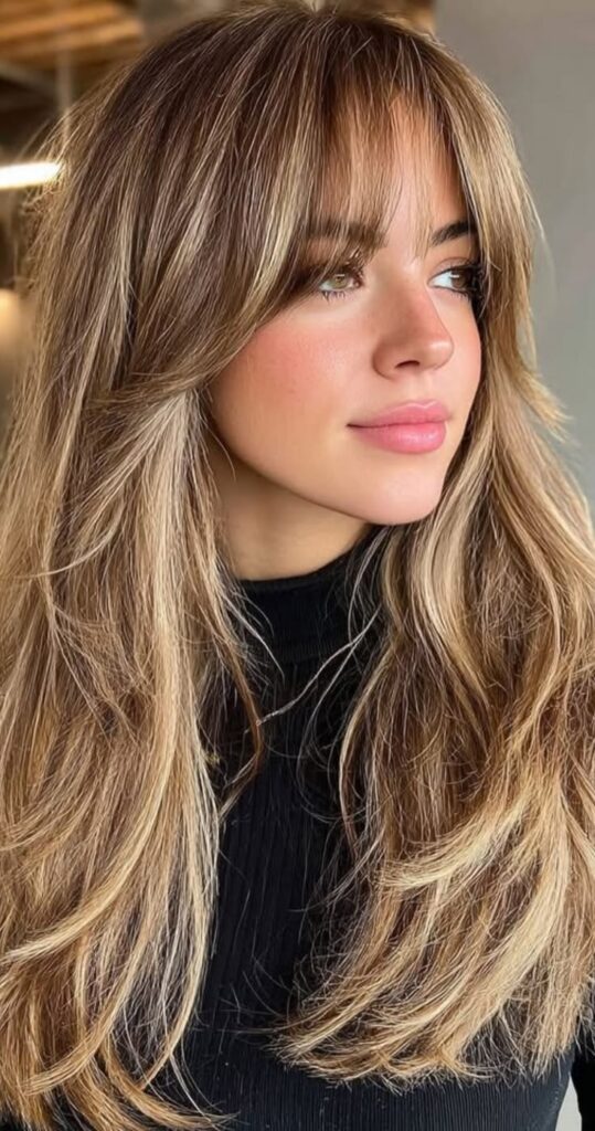 Long haircut with soft face-framing layers and curtain fringe for fall at Changes Salon in Walnut Creek.